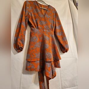 Orange and Blue Floral Wrap Dress Shorts Romper